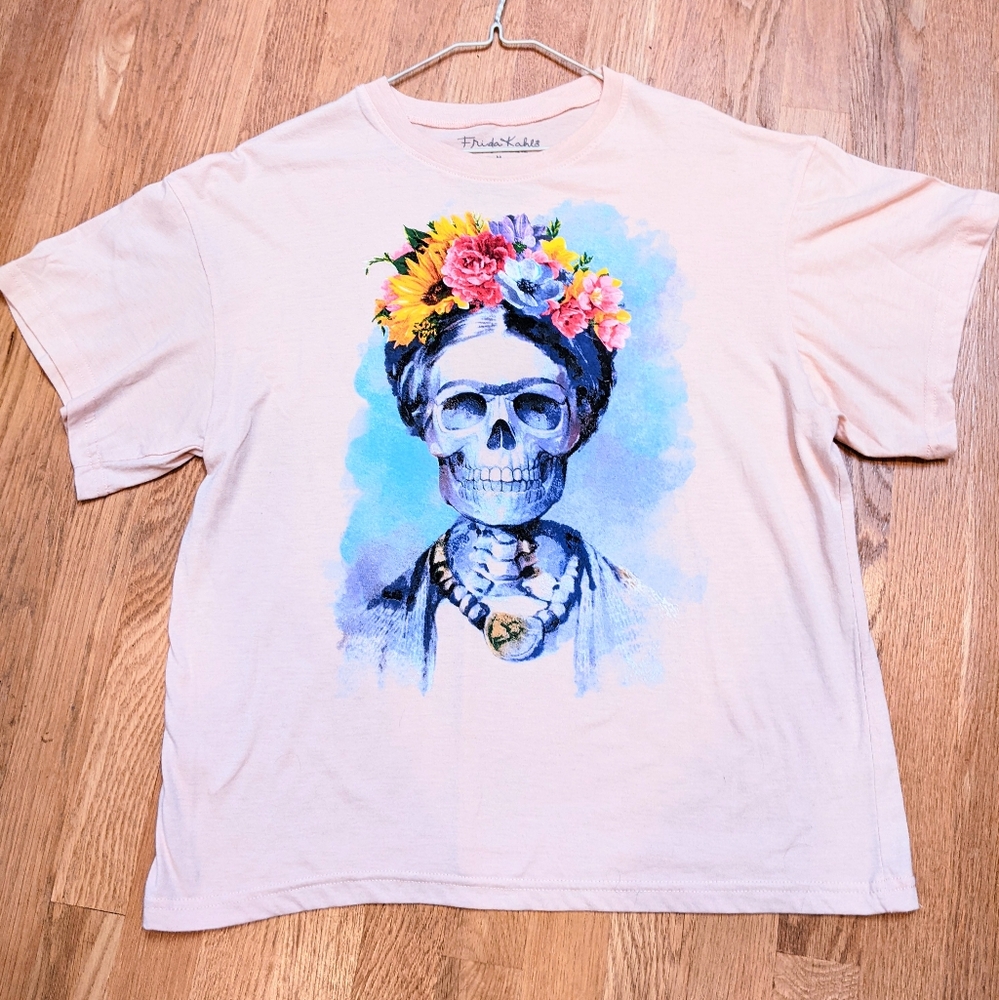 Frida Kahlo skull roses T Shirt M pink day of the dead Halloween top